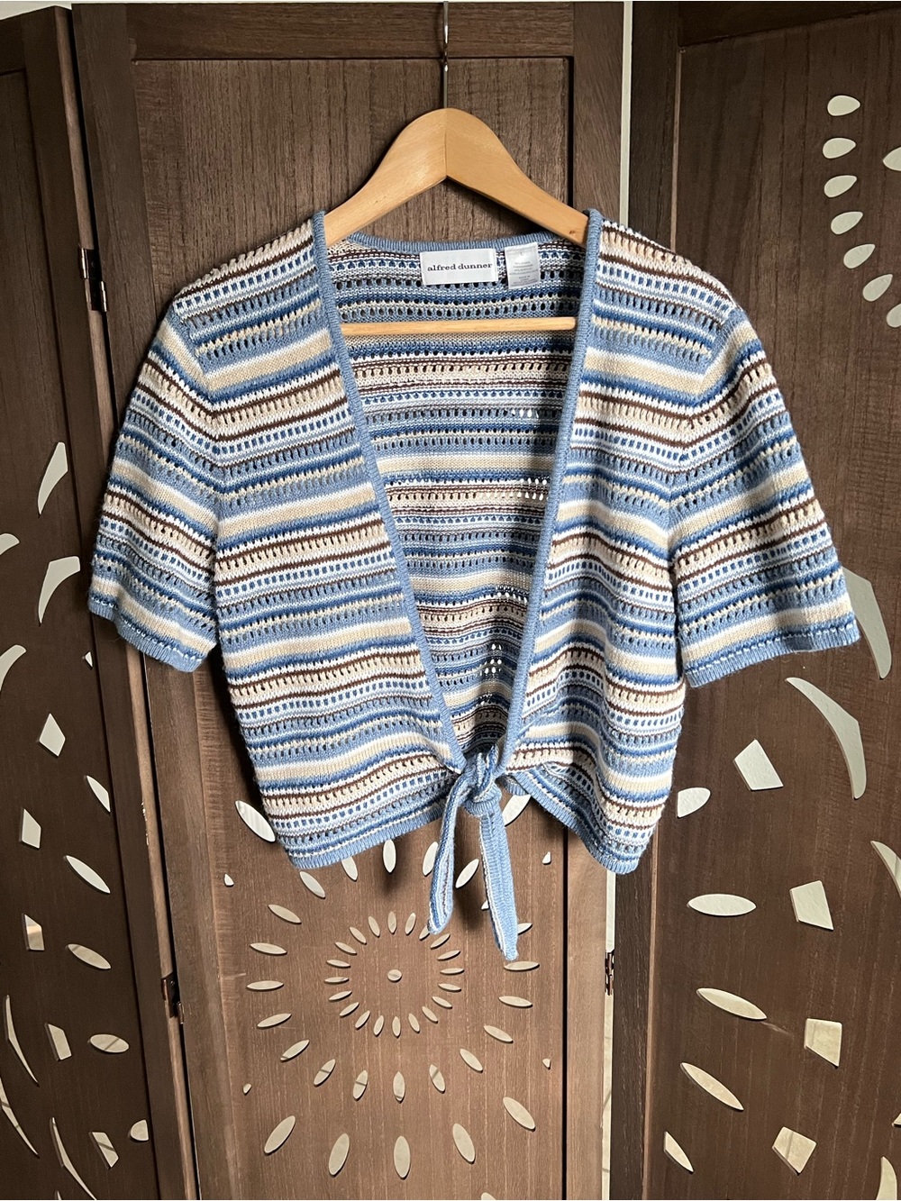 Alfred Dunner Blue, White & Brown Striped Tie-Front Sweater